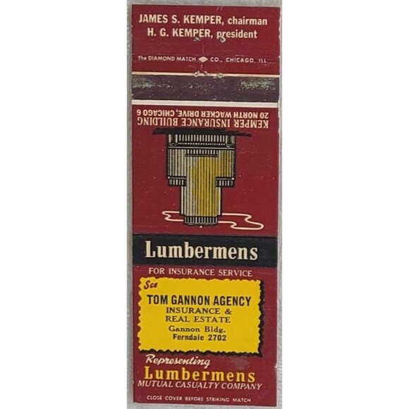 Vintage Matchbook Cover Lumbermens Kemper Insurance Building Chicago IL Illinois - Picture 2 of 4